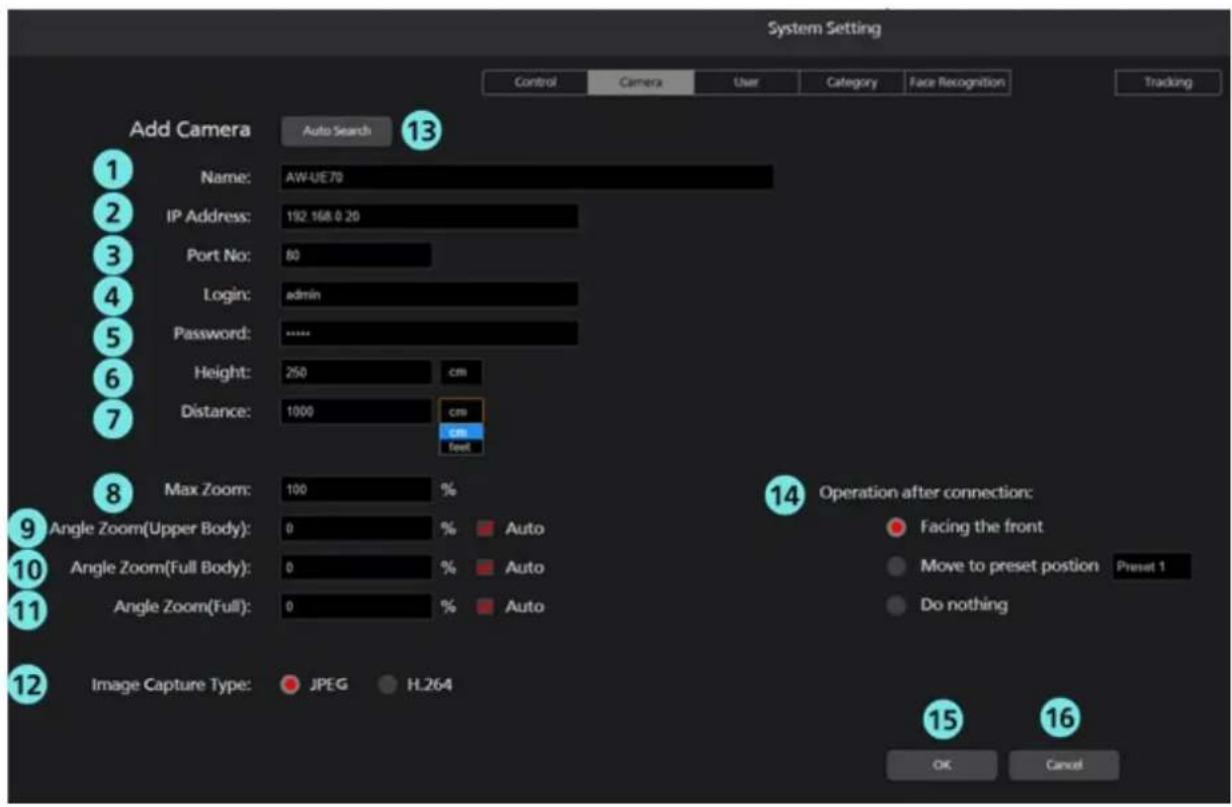 System Setting Control Camera User Category Face Recognition Tracking Add Camera Auto Search 13 1 Name: AW-UE 70 2 IP Address: 192.168.0.20 3 Port No: 80 4 Login: adults 5 Password:**** 6 Height: 250 cm 7 Distance: 1000 cm cm Test 8 Max Zoom: 100 % 9 Angle Zoom(Upper Body): 0 % Auto 10 Angle Zoom(Full Body): 0 % Auto 11 Angle Zoom(Full): 0 % Auto 12 Image Capture Type: JPEG H.264 13 Operation after connection: 14 Facing the front Preset 1 15 OK Cancel