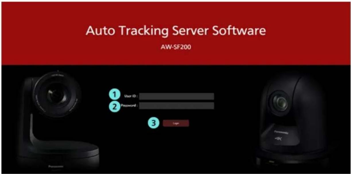 Auto Tracking Server Software AW-SF200 1 User ID: 2 Password: 3 Login