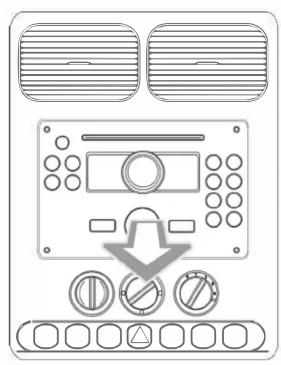 Diagram of a vehicle air conditioning control panel with labeled buttons and indicators