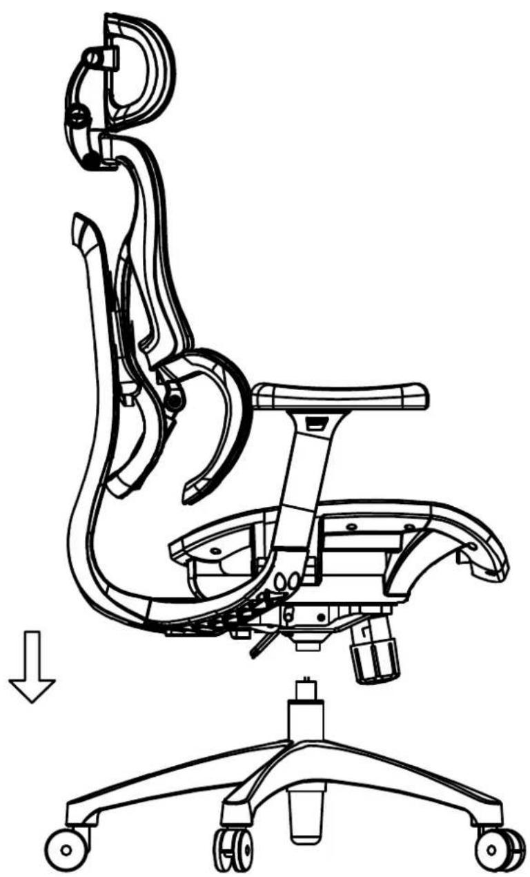 Line drawing of an office chair with adjustable arm and seat, showing structural components and a downward arrow indicating motion (no text or symbols)