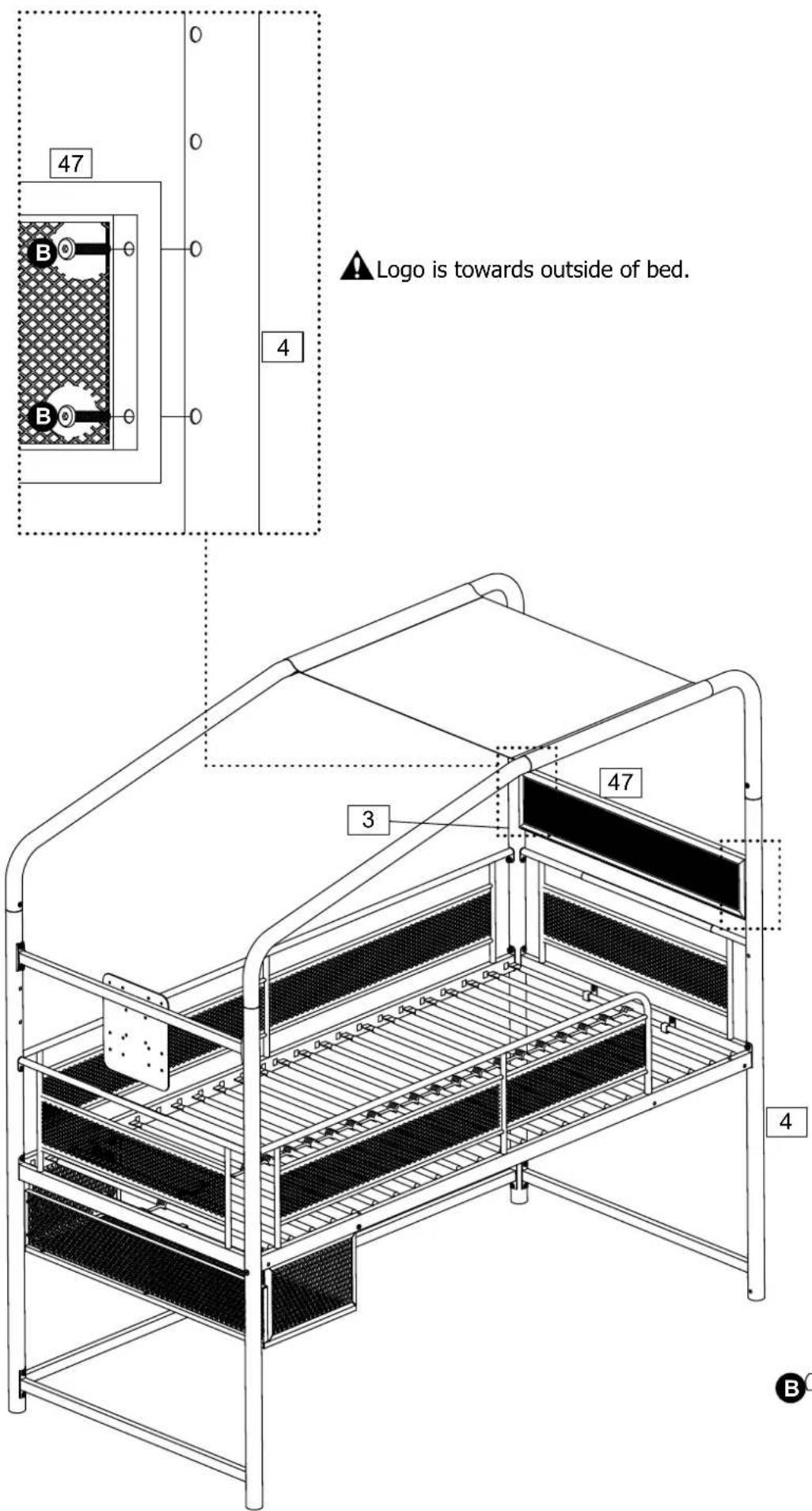 47 B B 4 ▲ Logo is towards outside of bed. 3 47 4 B