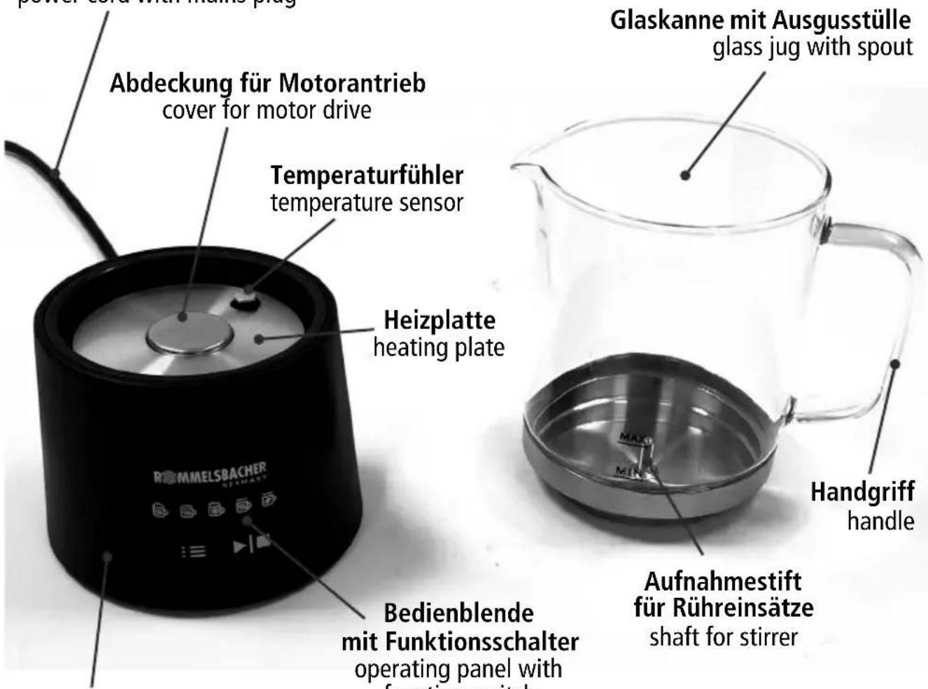 power cord with hands plug Abdeckung für Motorantrieb cover for motor drive Temperaturfühler temperature sensor Heizplatte heating plate Glaskanne mit Ausgusstülle glass jug with spout Bedienblende mit Funktionsschalter operating panel with freming sputter Handgriff handle Aufnahmestift für Rühreinsätze shaft for stirrer