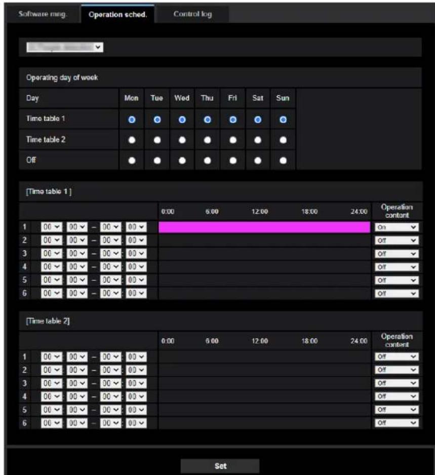 Operating day of week Day Mon Tue Wed Thu Fri Sat Sun Time table 1 0 0 0 0 0 0 0 0 Time table 2 0 0 0 0 0 0 0 Off 0 0 0 0 0 0 0 [Time table 1] 6:00 6:00 12:00 18:00 24:00 Operation content On Off Off Off Off Off Off Off Off Off Off Off [Time table 2] 6:00 6:00 12:00 18:00 24:00 Operation content Off Off Off Off Off Off Off Off Set