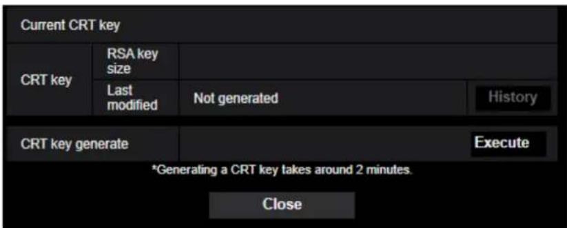 Current CRT key CRT key RSA key size Last modified Not generated History CRT key generate Execute *Generating a CRT key takes around 2 minutes. Close