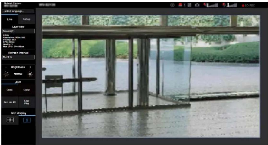 Network Camera Select language... Live Setup Live view Stream(1) H.265 Resolution:1920x1089 Recovery: VBR FPS: 36 fps Quality: 3 Max DPS: 0144 kbps Refresh interval MJPEG Brightness + Normal AUX Open Close Rec. on SD Log/ Play Grid display