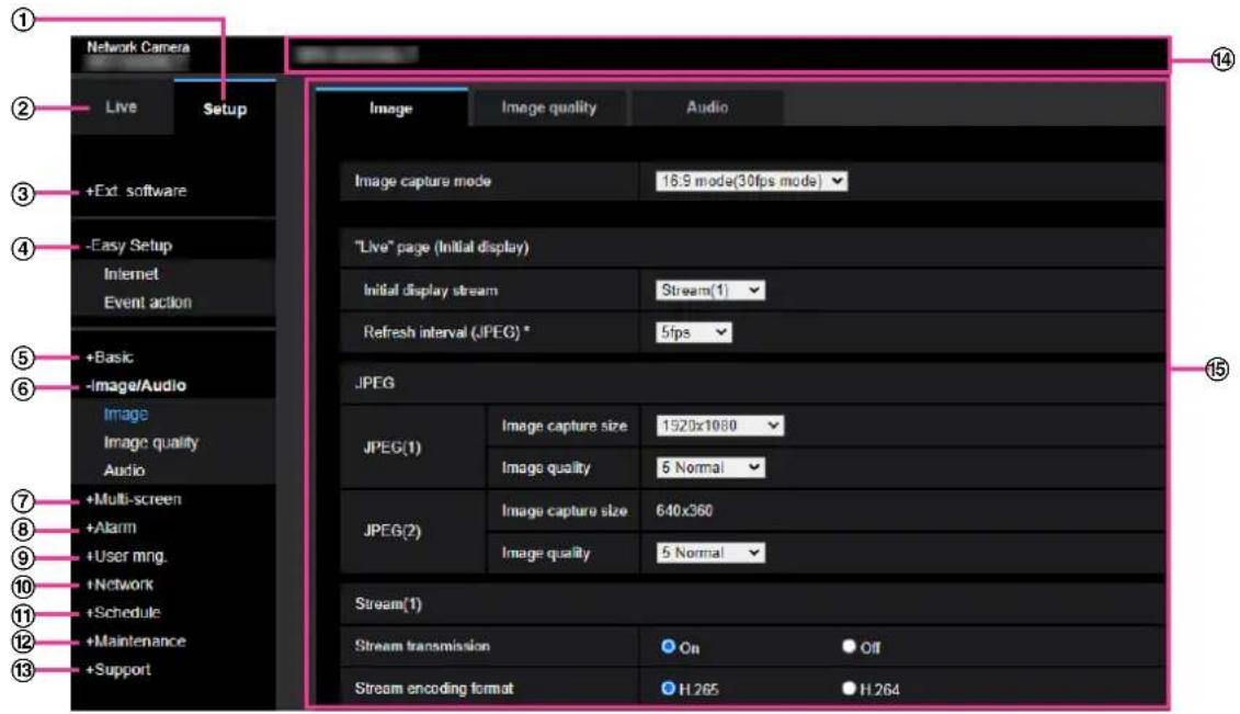 Network Camera Live Setup +Ext software -Easy Setup Internet Event action +Basic -Image/Audio Image Image quality Audio +Multi-screen +Alarm +User mng. +Network +Schedule +Maintenance +Support Image Image quality Audio 16.9 mode(30fps mode) "Live" page (Initial display) Initial display stream Stream(1) Refresh interval (JPEG) * 5fps JPEG JPEG(1) Image capture size 1520x1080 Image quality 5 Normal JPEG(2) Image capture size 640x360 Image quality 5 Normal Stream(1) Stream transmission On Off Stream encoding format H.265 H.264