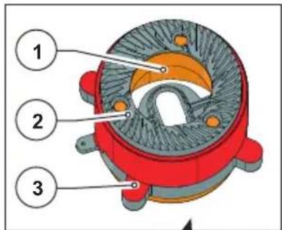 Technical diagram of a mechanical component with numbered parts labeled 1, 2, and 3.