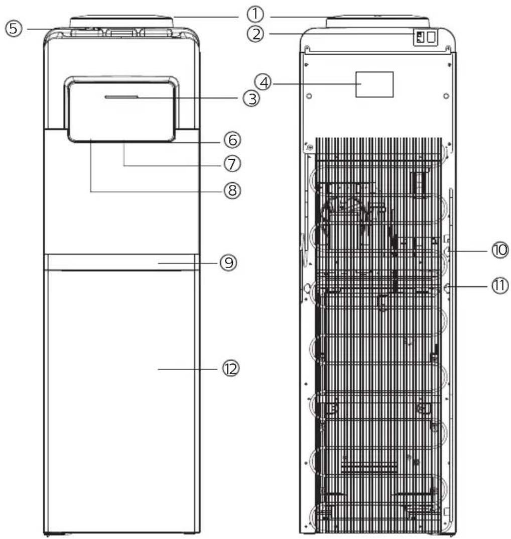 Technical diagram of a refrigerator internal structure with numbered components for identification
