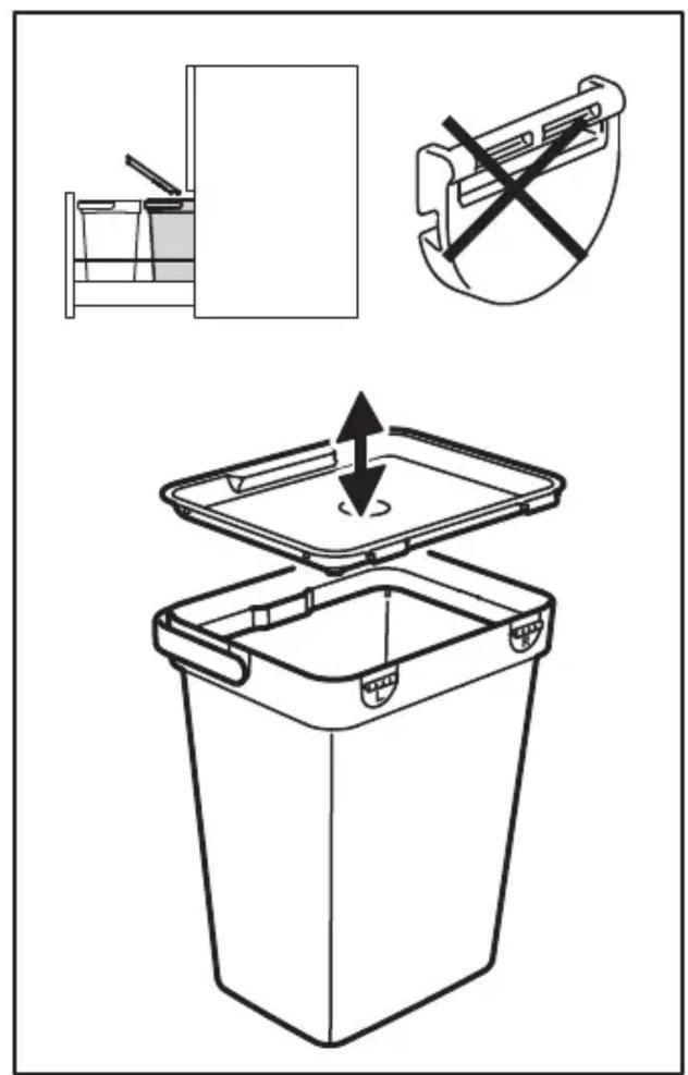 Diagram illustrating a recycling bin with an open lid and a plastic container, accompanied by a warning symbol.