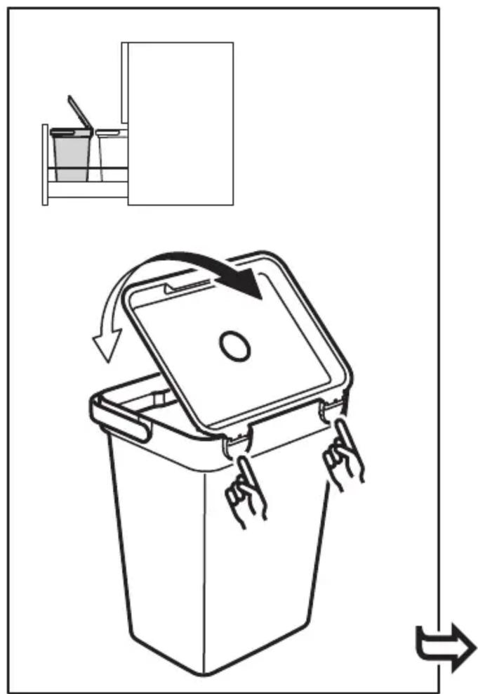 Diagram illustrating a recycling bin with hand gestures and a recycling tray, showing directional arrows for recycling.