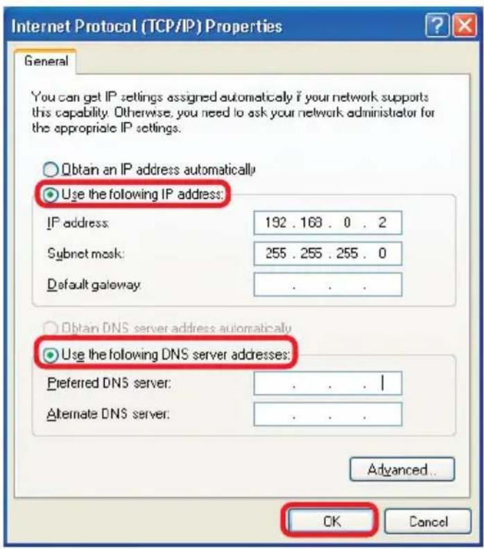 Internet Protocol (TCP/IP) Properties General You can get IP settings assigned automatically if your network supports this capability. Otherwise, you need to ask your network administrator for the appropriate IP settings. Obtain an IP address automatically Use the following IP address: IP address: 192 . 168 . 0 . 2 Subnet mask: 255 . 255 . 255 . 0 Default gateway: . Obtain DNS server address automatically Use the following DNS server addresses: Preferred DNS server: . . . . I Alternate DNS server: . . . . Advanced... OK Cancel