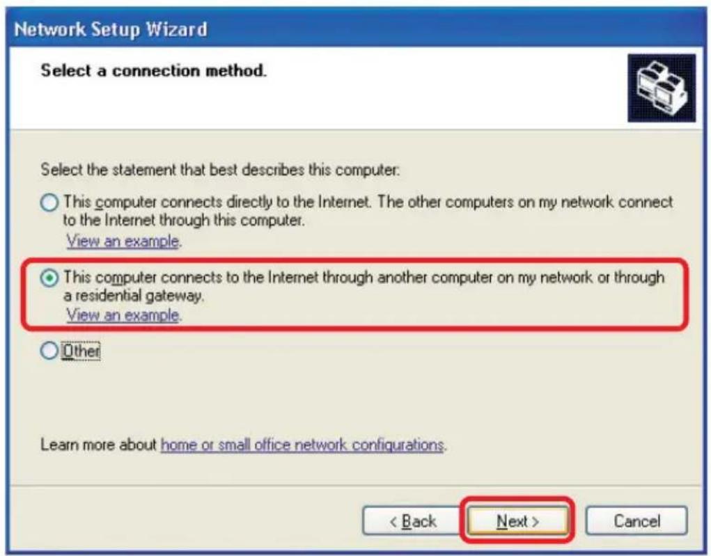 Network Setup Wizard Select a connection method. Select the statement that best describes this computer: ○ This computer connects directly to the Internet. The other computers on my network connect to the Internet through this computer. View an example. ● This computer connects to the Internet through another computer on my network or through a residential gateway. View an example. ○ Other Learn more about home or small office network configurations. < Back Next > Cancel