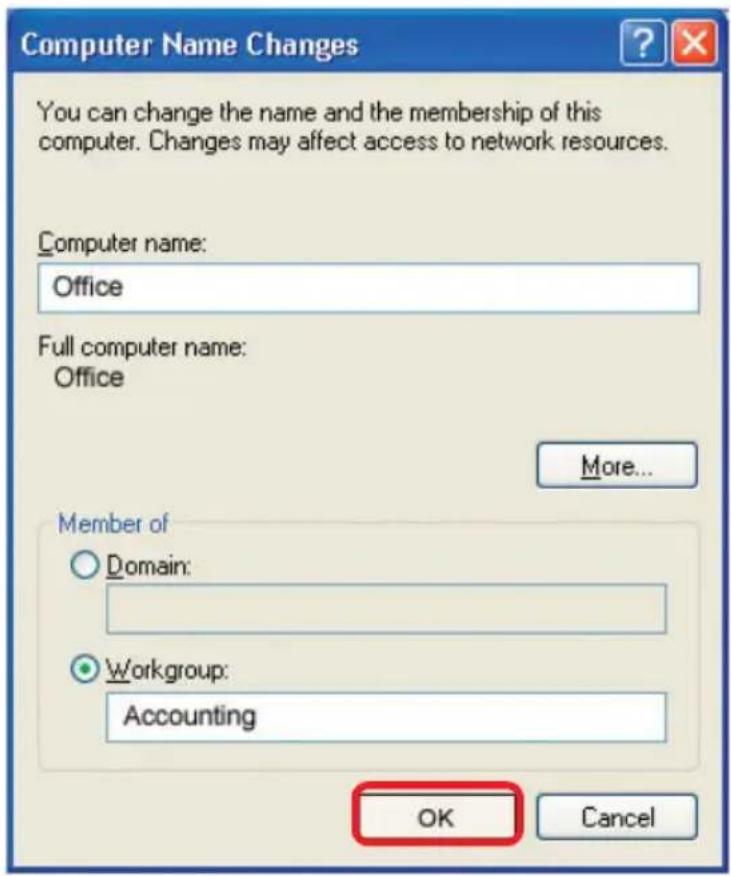 Computer Name Changes You can change the name and the membership of this computer. Changes may affect access to network resources. Computer name: Office Full computer name: Office More... Member of Domain: Workgroup: Accounting OK Cancel
