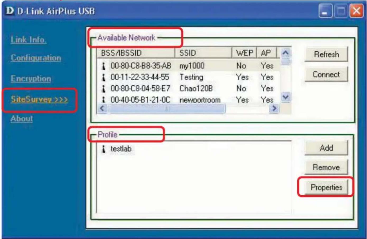 D-Link AirPlus USB Link Info Configuration Encryption SiteSurvey >> About Available Network BSS/IBSSID SSID WEP AP 00-80-C8-B8-35-AB(my1000 No Yes 00-11-22-33-44-55 Testing Yes Yes 00-80-C8-04-58-E7.Chao120B No Yes 00-40-05-B1-21-0C=newportroom Yes Yes Profile testlab Refresh Connect Add Remove Properties