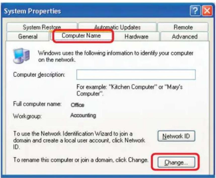System Properties System Restore Automatic Updates Remote General Computer Name Hardware Advanced Windows uses the following information to identify your computer on the network. Computer description: For example: "Kitchen Computer" or "Mary's Computer". Full computer name: Office Workgroup: Accounting To use the Network Identification Wizard to join a domain and create a local user account, click Network ID. Network ID To rename this computer or join a domain, click Change. Change...