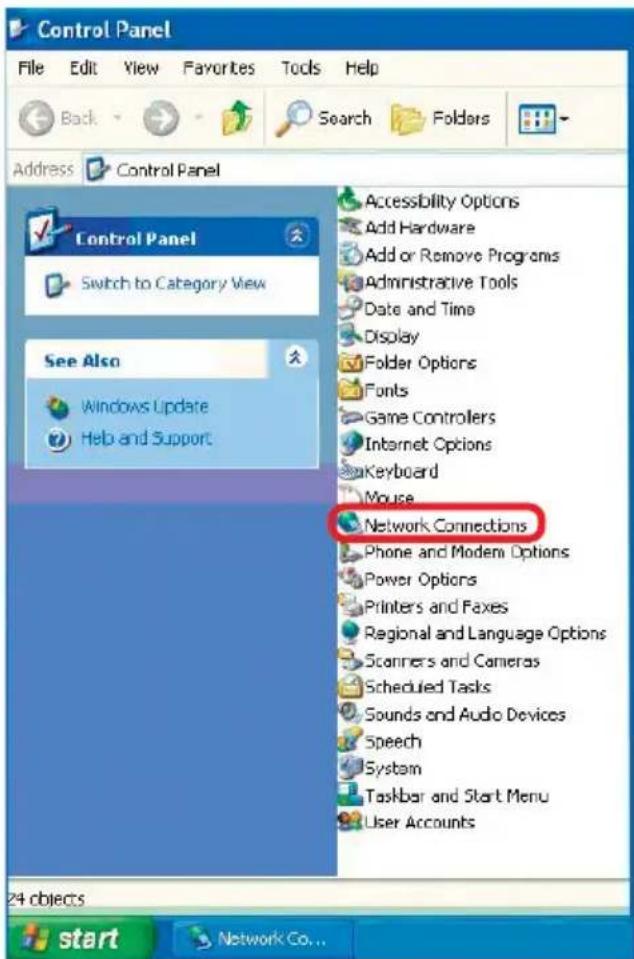 Control Panel File Edit View Favorites Tools Help Back Search Folders Address Control Panel Control Panel Switch to Category View See Also Windows Update Help and Support Accessibility Options Add Hardware Add or Remove Programs Administrative Tools Date and Time Display Folder Options Fonts Game Controllers Internet Options Keyboard Mouse Network Connections Phone and Modem Options Power Options Printers and Faxes Regional and Language Options Scanners and Cameras Scheduled Tasks Sounds and Audio Devices Speech System Taskbar and Start Menu User Accounts 24 objects start Network Co...