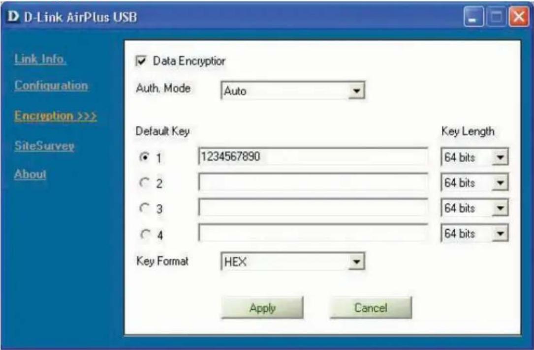 D-Link AirPlus USB Link Info. Configuration Encryption >> SiteSurvey About Data Encryption Auth. Mode Auto Default Key 1 1234567890 2 3 4 Key Length 64 bits 64 bits 64 bits 64 bits Key Format HEX Apply Cancel