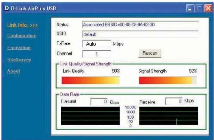 D D-Link AirPlus USB Link Info. >> Configuration Encovation SiteSurvey About Status Associated BSSID=00-80-C8-04-62-30 SSID default TxRate Auto Mbps Channel 1 Fiescen Link Quality/Signal Strength Link Quality 98% Signal Strength 92% Data Rate Transmit 0 Kbps Receive 0 Kbps 10000 1000 100 10 0