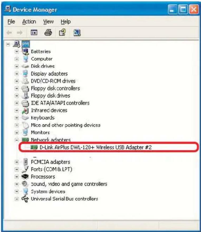 Device Manager File Action View Help Batteries Computer Disk drives Display adapters DVD/CD-ROM drives Floppy disk controllers Floppy disk drives IDE ATA/ATAPI controllers Infrared devices Keyboards Mice and other pointing devices Monitors Network adapters D-Link AirPlus DWL-120+ Wireless USB Adapter #2 PCMCIA adapters Ports (COM & LPT) Processors Sound, video and game controllers System devices Universal Serial Bus controllers