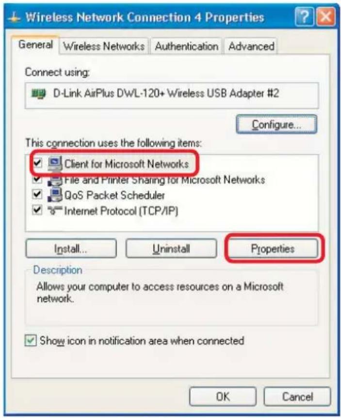 Wireless Network Connection 4 Properties General Wireless Networks Authentication Advanced Connect using: D-Link AirPlus DWL-120+ Wireless USB Adapter #2 Configure... This connection uses the following items: ✓ Client for Microsoft Networks ✓ File and Printer Sharing for Microsoft Networks ✓ QoS Packet Scheduler ✓ Internet Protocol (TCP/IP) Install... Uninstall Properties Description Allows your computer to access resources on a Microsoft network. ✓ Show icon in notification area when connected OK Cancel