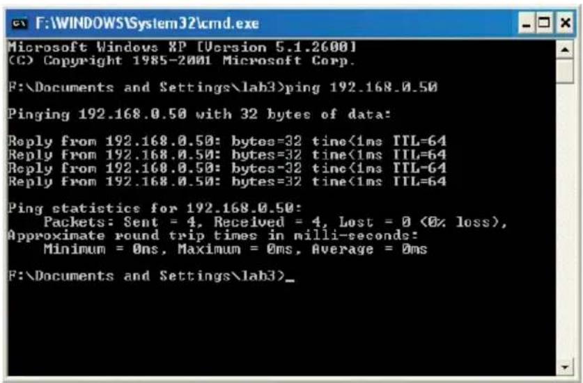 Microsoft Windows XP [Version 5.1.2600] (C) Copyright 1985-2001 Microsoft Corp. F:\Documents and Settings\lab3>ping 192.168.0.50 Pinging 192.168.0.50 with 32 bytes of data: Reply from 192.168.0.50: bytes=32 time<1ms TTL=64 Reply from 192.168.0.50: bytes=32 time<1ms TTL=64 Reply from 192.168.0.50: bytes=32 time<1ms TTL=64 Reply from 192.168.0.50: bytes=32 time<1ms TTL=64 Ping statistics for 192.168.0.50: Packets: Sent = 4, Received = 4, Lost = 0 (0% loss), Approximate round trip times in milli-seconds: Minimum = 0ms, Maximum = 0ms, Average = 0ms F:\Documents and Settings\lab3>_