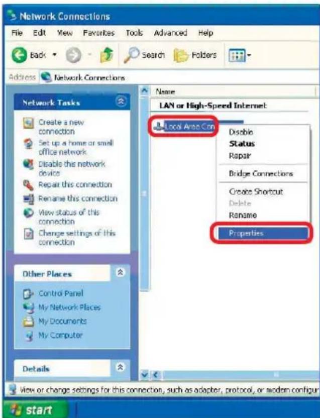 Network Connections File Edit View Favorites Tools Advanced Help Back Search Folders Address Network Connections Network Tasks Create a new connection Set up a home or small office network Disable this network device Repair this connection Rename this connection View status of this connection Change settings of this connection Other Places Control Panel My Network Places My Documents My Computer Details LAN or High-Speed Internet Local Area Con Disable Status Repair Bridge Connections Create Shortcut Delete Rename Properties View or change settings for this connection, such as adapter, protocol, or modem configur
