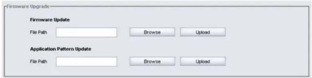 Firmware Upgrade Firmware Update File Path Browse Upload Application Pattern Update File Path Browse Upload
