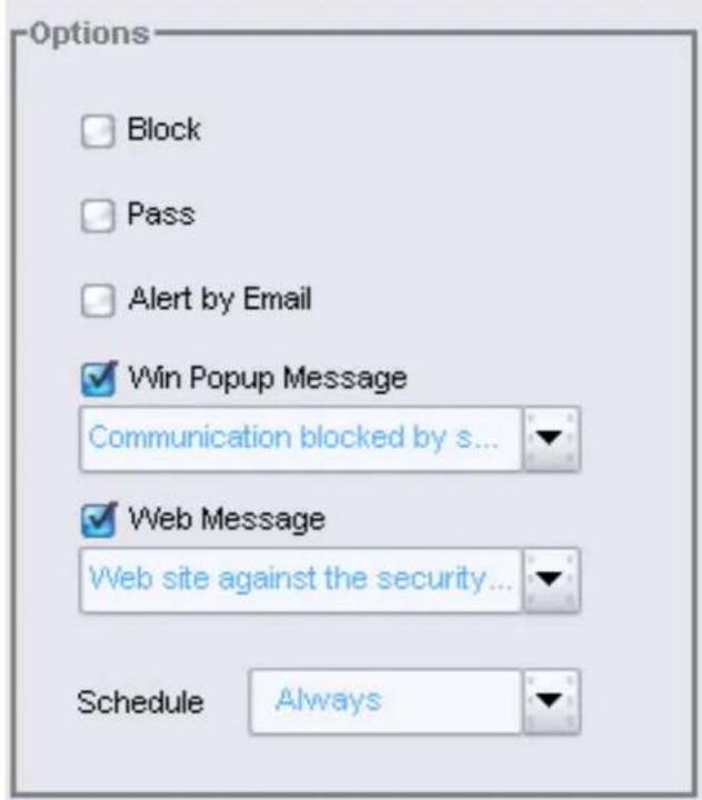 Options Block Pass Alert by Email Win Popup Message Communication blocked by s... Web Message Web site against the security... Schedule Always