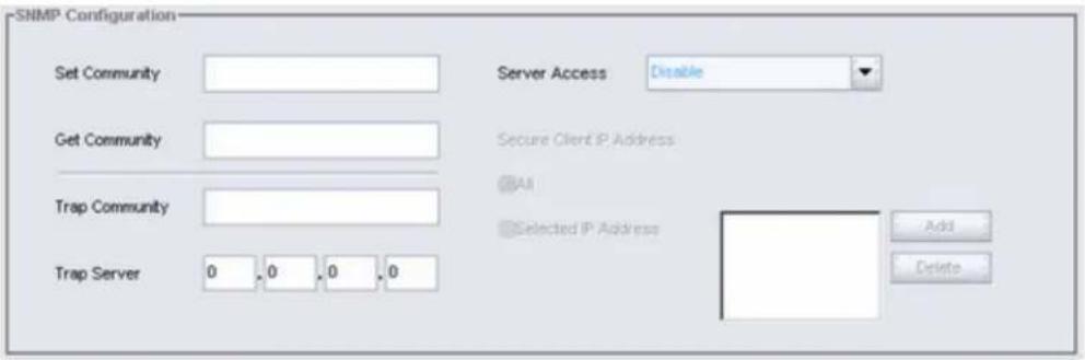 SNMP Configuration Set Community Get Community Trap Community Trap Server 0 0 0 0 Server Access Disable Secure Client IP Address All Selected IP Address Add Delete