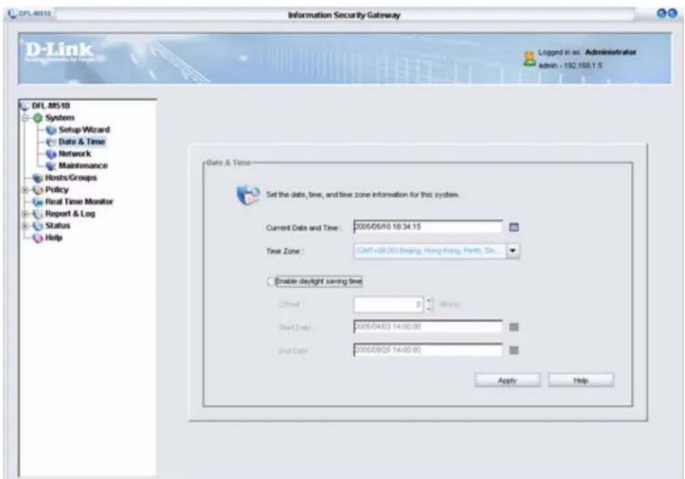 DFL.MS10 Information Security Gateway D-Link Logand in us - Administrator admin - 192.168.1.5 DFL.MS10 Systems Setup Wizard Date & Time Network Maintenance Hosts/Groups Policy Real Time Monitor Report & Log Status Help Date & Time Set the date, time, and time zone information for this system. Current Date and Time : 2005/05/01 10:34:15 Time Zone : (Call+08:00) Beijing, Hong Kong, Perth, Sk. Enable daylight saving time Offset : 0 min(x) Short Date : 2005/04/03 14:00:00 First Date : 2005/09/25 14:00:00 Apply Help