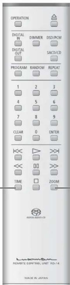 OPERATION DIGITAL IN DIGITAL OUT PROGRAM RANDOM REPEAT 1 2 3 4 5 6 7 8 9 CLEAR 0 ENTER << >>| << >>| TIME □ ZOOM SUPER ALMOS-CD REMOTE CONTROL UNIT RD-14 MADE IN JAPAN