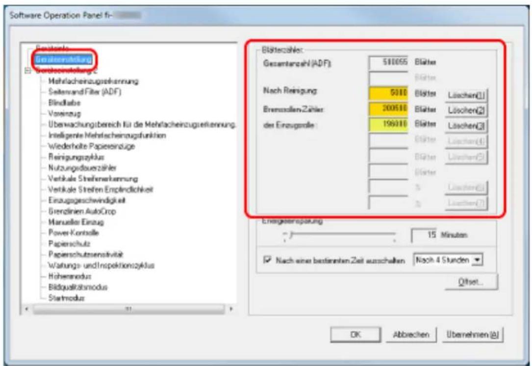 Software Operation Panel fi- Beizulete Gesamterzahlung Bergeschäfte Mehrlacheinzugsrechnung Seitenwand Filter (ADF) Bindlabe Varenzug Überwachungsbereich für die Mehrlacheinzugsrechnung. Intelligente Mehrlscheinzugsfunktion Wiederholte Papierendige Reinigungszyklus Nutzungsdauerzähler Vertikale Streifenenkennung Vertikale Streifen Empfindlichkeit Einzugsgeschwindigkeit Gierzlinien AutoCrop Manuelle Einzug Power-Kontelle Papierschutz Papierschutssensitivität Wartungs- und Inspektionszyklus Hohenmodus Bildqualitätsmodus Startmodus Blüterzähler: Gesamterzahl (ADF) 510065 Blätter Nach Reinigung 5000 Blätter Löschen(1) BrennollenZähler 200510 Blätter Löschen(2) der Einzugsrolle 196010 Blätter Löschen(3) Blätter Löschen(4) Blätter Löschen(5) Blätter % Löschen(6) % Löschen(7) Energieverspotung 15 Minuten Nach einer bestimmten Zeit ausschalten Nach 4 Stunden Offset... OK Abbrevien Übernehmen (A)
