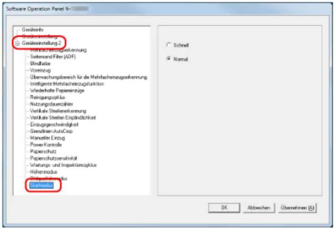 Software Operation Panel 6 Gesästeinstellung Gesästeinstellung 2 - Mehrfachzeinzugsleistung - Seitensand Filter (ADF) - Blindlabe - Vorenzug - Überschungsbereich für die Mehrfachzeinzugsleistung - Intelligente Mehrfachzeinzugsfunktion - Wiederholte Papierinzüge - Reinigungszylus - Nutzungsdauetzahlen - Vertikale Stasiemeinknung - Vertikale Steilen Empfindlichkeit - Einzugsgeschwindigkeit - Grenafinen AutoCap - Manueler Einzug - Power-Kontrolle - Papierschutz - Papierschutzversahivität - Wartungs- und Inspektionszylus - Höhenmodus Statusnut Statusnut Schnell Normal OK Abbechen Übernehmen (A)