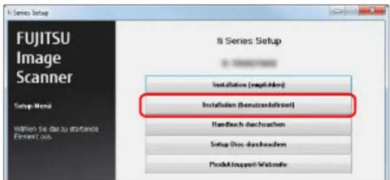 FJITSU Image Scanner Setup-Merä Wällen Sie das zu verändige Finnert, aus fi Series Setup Installation (magrischen) Installation (benutzsdefiniert) Handbuch durchrachen Setup Disc durchrachen Product Support Website