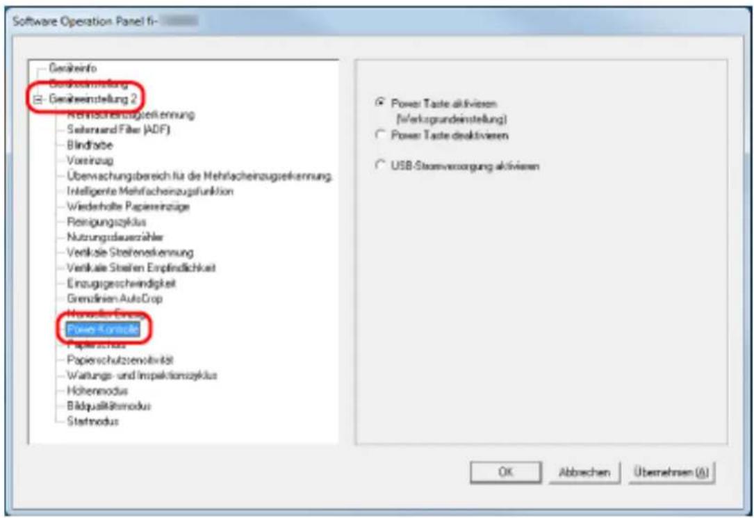 Software Operation Panel fi- Gesäureinfo Gesäureinstellung Gesäureinstellung 2 - Mehrscheinzugsinkennung - Seherrand Filter (ADF) - Blindfarbe - Vorrzeug - Überwachungsbereich für die Mehrscheinzugsinkennung. - Intelligente Mehrscheinzugsfunktion - Wiedeshalte Papiereinzuge - Reinigungszyklus - Nutrungsduuszahler - Verikale Steilenkennung - Verikale Steilen Empfindlichkeit - Einzugsgeschwindigkeit - Grenänien AutoCrop Power Kontrolle Papiereinfluss - Papierschulzenaktivität - Wartungs- und Impaktionszyklus - Höhenmodus - Bildqualitätmodus - Statmodus Power Taste aktivieren [Verkusgrundeinstellung] Power Taste deaktivieren USB-Stromversorgung aktivieren OK Abbrachen Übernehmen (A)