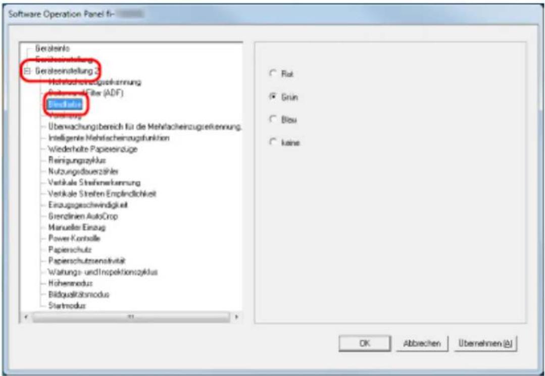 Software Operation Panel fi- Geräteinstellung Geräteinstellung 3 Hörsliche Anzugrechnung Systematic Filter (ADF) En-1nd Überwachungsbereich für die Mehracheinzugrechnung. Intelligente Mehracheinzugshunktionen Wiederholte Papierinzüge Reinigungszyklus Nutzungsduerzähler Verikale Steilenverkennung Verikale Streifen Empfindlichkeit Einzugsgeschwindigkeit Grenzlinien AutoCrop Manueller Einzug Power-Kontrolle Papienschutz Papierschutzensaktivität Währungs- und Inspektionszyklus Hohenmodus Bildqualitätsmodus Startmodus Risik Grün Blau keine OK Abbrechen Übernehmen (E)