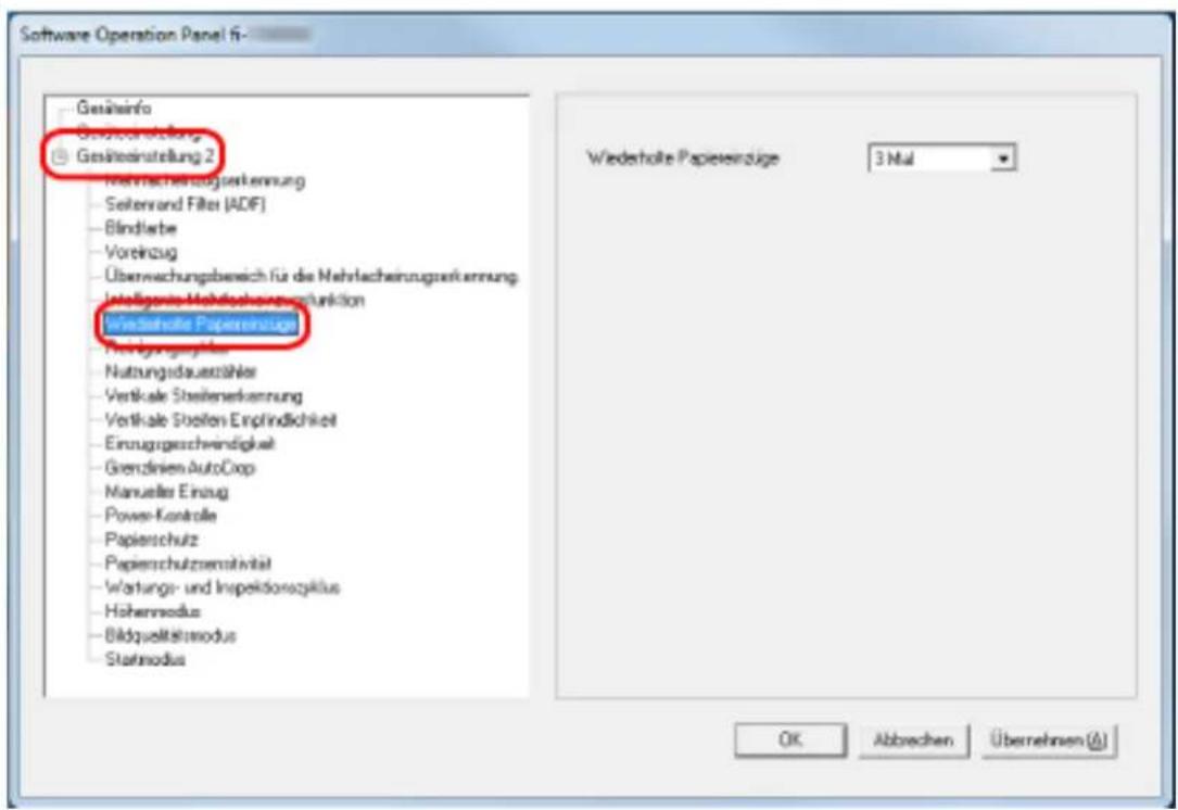 Software Operation Panel 6 Gesäneinfo Gesellsinstellung Gesältninstellung 2 Währschainzugsverkennung - Seitenrand Filter (ADF) - Blindlarbe - Vortezug - Überwachungsbereich für die Mehracheinungsverkennung Intelligente Mahrlacheinigungskonfunktion Wiederholte Papiererntzugs Privatungsgruppe - Nutzungsdauerzähler - Vertikale Steilenverkennung - Verträge Steilen Empfindlichkeit - Einzugsgeschwindigkeit - Grenzinien AutoCop - Manuelles Einzug - Power-Kontrolle - Papienschutz - Papierschutzseminivität - Wertungs- und Inspeidorszypilus - Hohenmodus - Bildqualitätsmodus - Statmodus Wiederholte Papiererntzugs 3 Mal OK Abbrevchen Übernehmens (A)