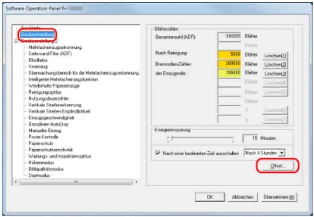 Software Operation Panel fi- Gesamterzahlung Gesamterzahlung 2 Mehracheinzugsrechnung Seitenwand Filter (ADF) Bindlabe Vorzeug Überwachungsbereich für die Mehracheinzugsrechnung. Intelligente Mehracheinzugsfunktion Wiederholte Papierinzüge Reinigungszyklus Nutzungsduverzahlen Vertikale Streifenverkennung Vertikale Streifen Empfindlichkeit Einzugsgeschwindigkeit Brenzinen AutoCrop Manueller Einzug Power-Kontelle Papierschutz Papierschutzsensitivität Wartungs- und Inspektionszyklus Hohenmodus Bildqualitätsmodus Startmodus Effektiver Gesamterzahl (ADF) 50065 Blätter Nach Reinigung 5010 Blätter Löschen(1) Bremnollen-Zahlter 300510 Blätter Löschen(2) der Einzugsrolle 196910 Blätter Löschen(3) Blätter Löschen(4) Blätter Löschen(5) Blätter Löschen(6) Luschen(7) Energyinoperung 15 Minuten Nach einer besteneten Zeit auszahalten Nach 4 Stunden Offset... OK Abbrechen Übernehmen (A)