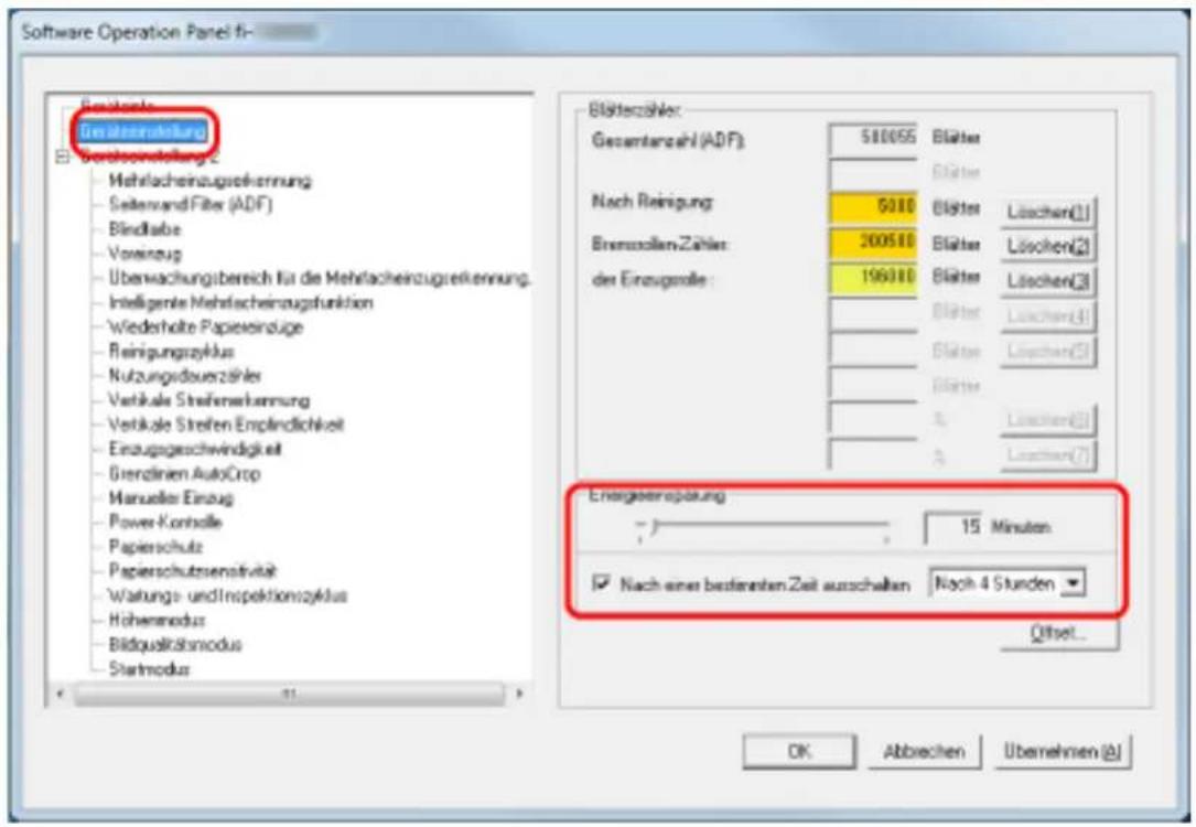 Software Operation Panel fi- Berichtete Gesamterzahlung Berichtswertung 2 Mehracheinzugsrechnung - Seitenvand Filter (ADF) - Bindlabe - Vorenzug - Überwachungsbereich für die Mehracheinzugsrechnung. - Intelligente Mehracheinzugsfunktion - Wiederholte Papierzeinzüge - Reinigungszylus - Nutzungsdauerzähler - Verikale Streifenwerkennung - Verikale Streifen Empfindlichkeit - Einzugsgeschwindigkeit - Gierzinen AutoCrop - Manueler Einzug - Power-Kontelle - Papierschutz - Papierschutzsensitivität - Wafungs- und Inspektionszyklus - Hohenmodus - Bildqualifiksmodus - Startmodus Blüfterzähler: Gesamterzahl (ADF) 580055 Blätter Nach Reinigung: 5010 Blätter Löschen(1) BrenzzollenZähler: 300510 Blätter Löschen(2) der Einzugsrolle: 196910 Blätter Löschen(3) Blätter Löschen(4) Blätter Löschen(5) Blätter Löschen(6) Löschen(7) Energieserpapiere 15 Minuten Nach einer bedenteten Zeit ausschalten Nach 4 Stunden Offset... OK Abbreven Überehen (A)