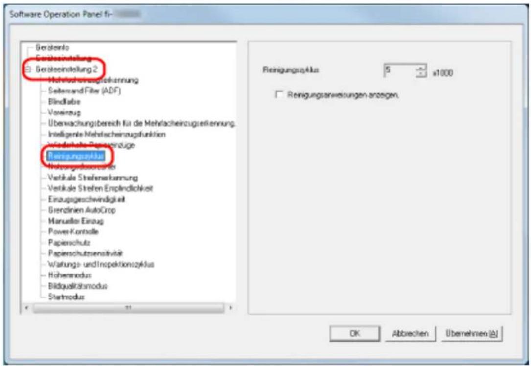 Software Operation Panel fi- Gerästeinstellung Gerästeinstellung 2 Mehracheinzugsrechnung Seitenand Filter (ADF) Bindbare Vereinzug Überwachungsbereich für die Mehracheinzugsrechnung. Intelligente Mehracheinzugsfunktion Wiederheile Papiereinzüge Reinigungszylkul Nebungenabsorbeiter Vertikale Streifenverknung Vertikale Streifen Empfindlichkeit Einzugsgeschwindigkeit Gierzlinien AutoCrop Manueler Einzug Power-Kontelle Papierschutz Papierschutzsensitivität Wafungs- und Inspektionszylkul Hohenmodus Bildqualitätsmodus Startmodus 5 x1000 Reinigungsanweisungen anzeigen. OK Abbreven Überehen
