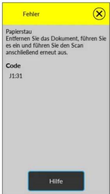 Fehler Papierstau Entfernen Sie das Dokument, führen Sie es ein und führen Sie den Scan anschließend erneut aus. Code J1:31 Hilfe