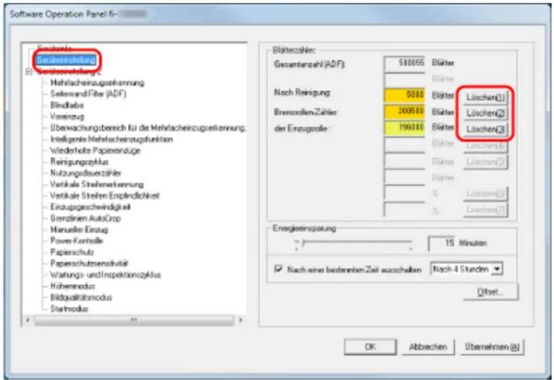 Software Operation Panel fi- Sonstufe Gesamterzahlung Ei Gesamterzahlung: Mehlscheinzugsleistung Seitenand Filter (ADF) Bindtäbe Vereinzug Überwachungsbereich für die Mehrlacheinzugsleistung. Intelligente Mehrlscheinzugsfunktion Wiederholte Papierzinsüge Reinigungszyklus Nutzungsduverzähler Vertikale Streifenwerkennung Vertikale Streifen Empfindlichkeit Einzugsgeschwindigkeit Grenzlinien AutoCrop Manueler Einzug Power-Kontrolle Papierschutz Papierschutzsensitivität Wartungs- und Inspektionszyklus Hohenmodus Bildqualitätsmodus Startmodus Blüchterzahler: Gesamterzahl (ADF): 510055 Blätter Blätter Nach Reinigung: 5010 Blätter Löschen(1) Brennollen-Zähler: 300510 Blätter Löschen(2) der Einzugsrolle: 196910 Blätter Löschen(3) Blätter Löschen(4) Blätter Löschen(5) Blätter Löschen(6) Löschen(7) Energieinsparung: 15 Minuten Nach einer besterten Zeit auszuschaften Nach 4 Stunden Offset... OK Abbrechen Übernehmen (A)