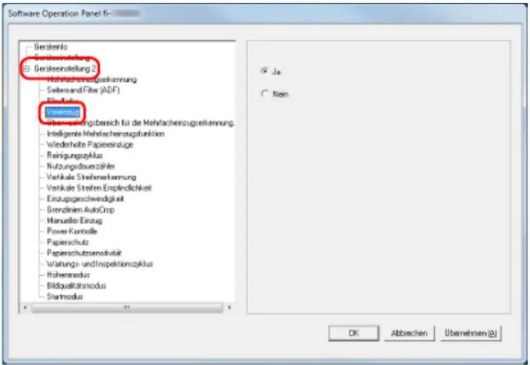 Software Operation Panel fi- Geräteinstellung Geräteinstellung 2 Höheochverzugsrechnung Seitenand Filter (ADF) Fristliche Vaterzug Überverzüglichbereich für die Mehrfacheinzugsrechnung. Intelligente Mehrfacheinzugsfunktion Wiederholte Papieeinzüge Risinigungszyklus Nutzungsduenzähler Verhälte Streifenenkennung Verlokale Streifen Empfindlichkeit Einzugsgeschwindigkeit Brendkien AutoCrop Manueller Einzug Power-Kontrolle Papierschutz Papierschutzsensitivität Wartungs- und Inspektionszyklus Höhenmodus BildqualikStmodus Startmodus Ja Nein OK Abbrechen Übernehmen (A)