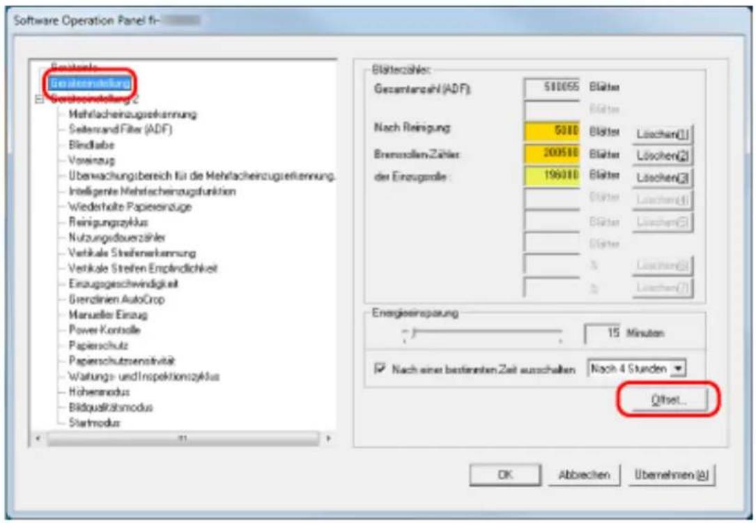 Software Operation Panel fi- Beratente Gesamterzahlung Ei Gesamterzahlung 2 Mehracheinzugsrechnung Seitenzand Filter (ADF) Bindlabe Vereinzug Überwachungsbereich für die Mehracheinzugsrechnung. Intelligente Mehracheinzugsfunktion Wiederholte Papierinzeuge Reinigungszyklus Nutzungsduverzähler Vertikale Streifenserkennung Vertikale Streifen Empfindlichkeit Einzugsgeschwindigkeit Gierölnien AutoCrop Manueler Einzug Power Kontrolle Papierschutz Papierschutrsensitivität Waltungs- und Inspektionszyklus Hohenmodus Bildqualitätsmodus Startmodus Blüterzähler: Gesamtzahl (ADF): 510055 Blätter Blätter Nach Reinigung: 5000 Blätter Löschen(1) Brennollen-Zähler: 20050 Blätter Löschen(2) der Einzugsrolle: 19600 Blätter Löschen(3) Blätter Löschen(4) Blätter Löschen(5) Blätter Löschen(6) Blätter Löschen(7) Energyeinsparung: 15 Minuten Nach einer bestimmten Zeit ausschalten: Nach 4 Stunden Offset... OK Abbrevien Übernehmen (A)