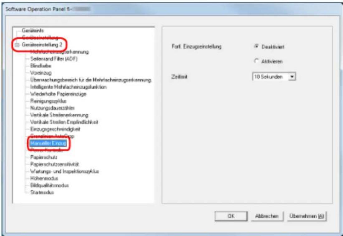 Software Operation Panel 1 Geräteinstellung Geräteinstellung 2 - Mehrfachereinzugsenkennung - Seitenand Filter (ADF) - Blindlabe - Voraing - Überschungsbereich für die Mehrfachereinzugsenkennung. - Intelligente Mehrfachereinzugsfunktion - Wiederholte Papiereinzüge - Reinigungszukus - Nutzungsdauerszahres - Vertikale Steilenenkennung - Vertikale Steilen Empfindlichkeit - Einzugsgeschwindigkeit - Grenitionen AutoCrop Manual Error Papiereinstellung Papienschutz Papienschutzsensitivität Warfungs- und Inspektionszukus Höhenmodus Bildqualitätsmodus Startmodus Font. Einzugsinstellung Daaktiviert Aktivieren Zeitmit 10 Sekunden OK Abbrachen Übernehmen (S)
