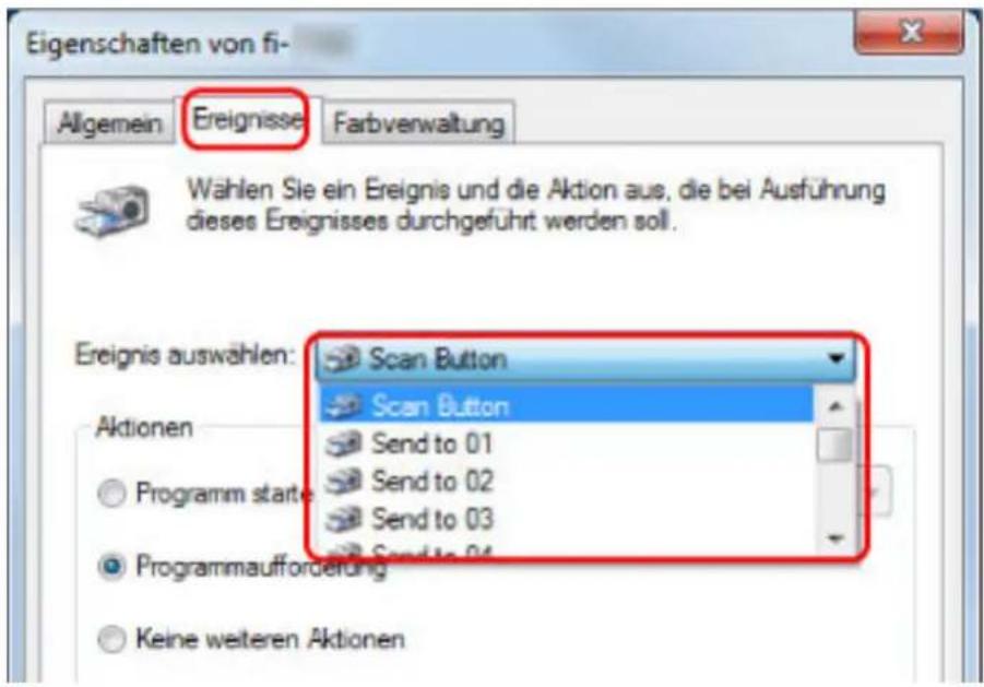 Eigenschaften von fi- Allgemein Ereignisse Farbverwaltung Wahlen Sie ein Ereignis und die Aktion aus, die bei Ausführung dieses Ereignisses durchgeführt werden soll. Ereignis auswählen: Scan Button Scan Button Send to 01 Send to 02 Send to 03 Programm starte Programmaufforderung Keine weiteren Aktionen