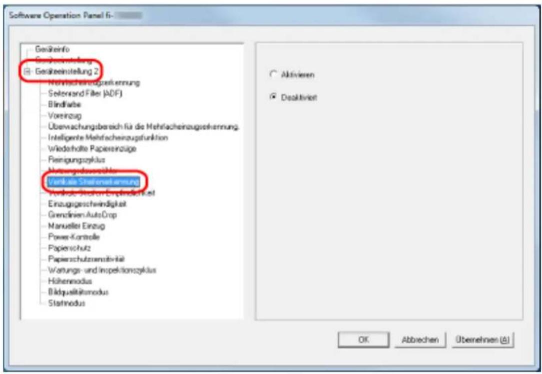 Software Operation Panel fi- Gesäteinfo Gesäteinstellung Gesäteinstellung 2 - Mehrfacheinzugsrechnung - Sellenrand Filter (ADF) - Bindfläche - Voreinzug - Überwachungsbereich für die Mehrfacheinzugsrechnung. - Intelligente Mehrfacheinzugsfunktion - Wiederholte Papiereinzüge - Reinigungszyklus - Verluste Stafenstehrensung - Verluste Stafenstehrensung - Verluste Stafenstehrensung - Einzugsgeschwindigkeit - Grenzinien AutoCrop - Manuelter Einzug - Power-Kontrolle - Papienschutz - Papierschutznomativität - Wartungs- und Inspektionszyklus - Höhenmodus - Bildqualitätmodus - Statmodus Aktivieren Deaktiviert OK Abbrevchen Übernehmen (A)