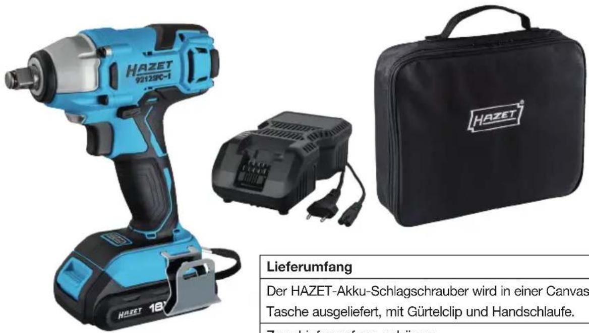 HAZET 92128C-1 HAZET HAZET 192128C-1 Lieferumfang Der HAZET-Akku-Schlagschrauber wird in einer Canvas Tasche ausgeliefert, mit Gürtelclip und Handschlaufe. Zum Lieferumfang gehören