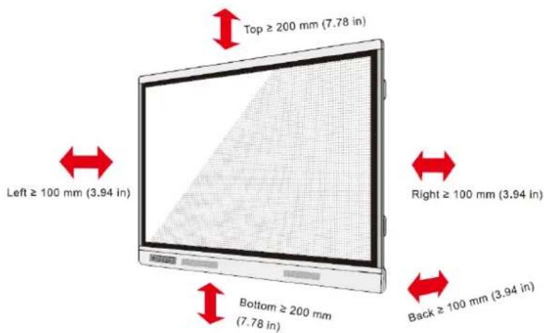 Top ≥ 200 mm (7.78 in) Left ≥ 100 mm (3.94 in) Bottom ≥ 200 mm (7.78 in) Right ≥ 100 mm (3.94 in) Back ≥ 100 mm (3.94 in)