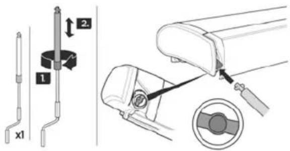 Technical diagram showing a mechanical assembly with labeled parts and a close-up of the component being inserted into a belt.